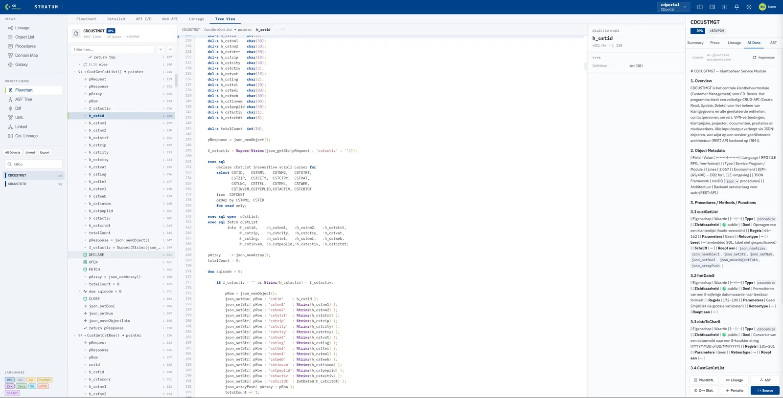 Procedure tree on the left, source code in the middle, AI-generated documentation on the right